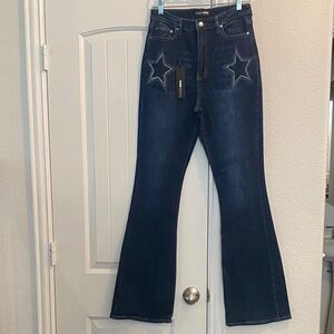 Fashion Nova Dark Blue Flare Jeans with Stars, Sz 11  NWT